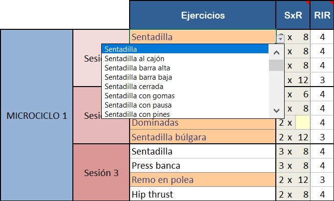 Lista desplegable para seleccionar los ejercicios de la primera sesión